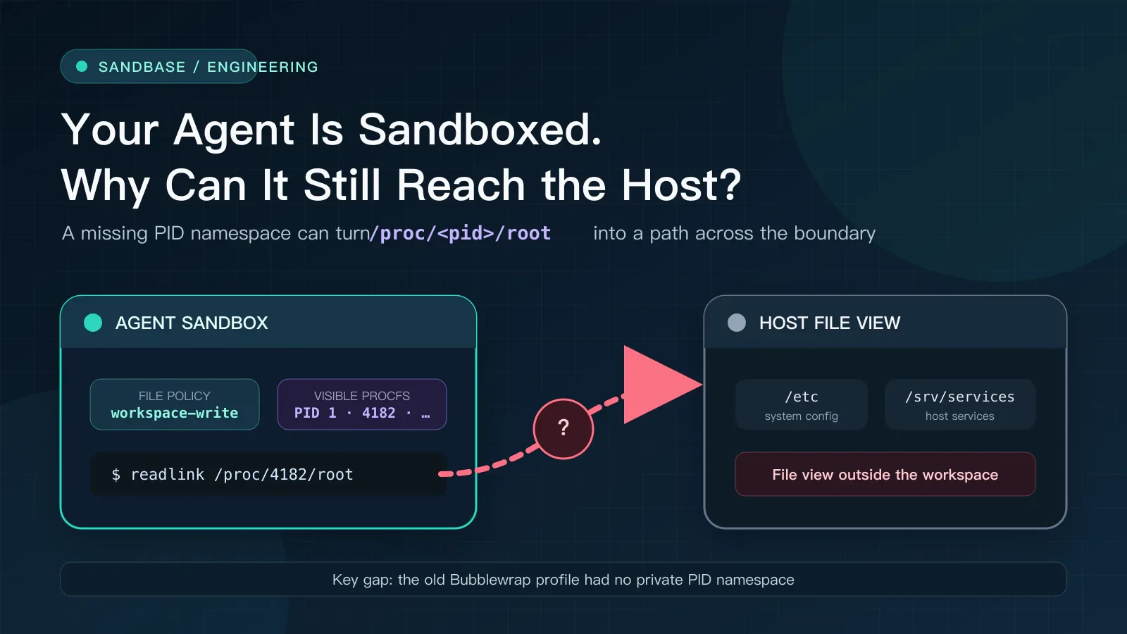 A restricted Agent sandbox connected to a host file view through a highlighted /proc path