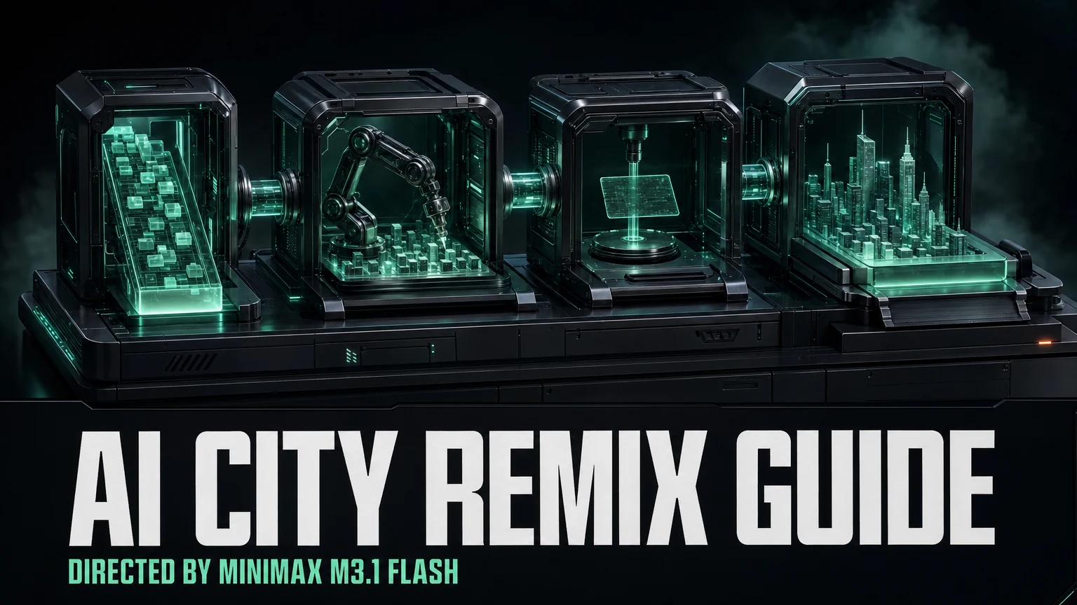 AI City Remix Guide 标题，上方是四个装着发光绿色城市模型的玻璃舱