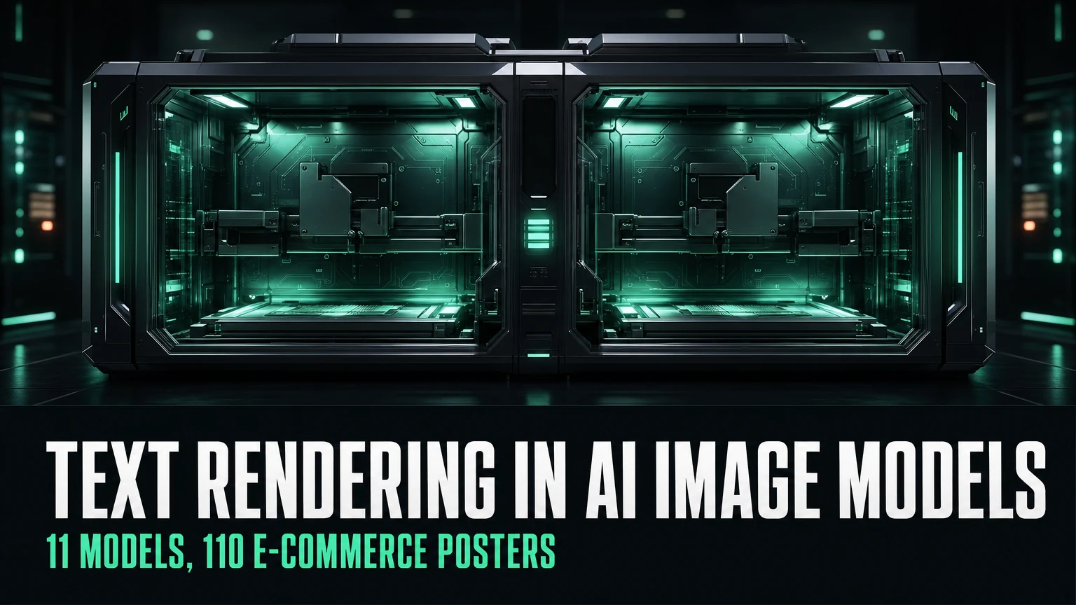 AI image generator text rendering benchmark cover for 11 models; editorial artwork, not a generated test output