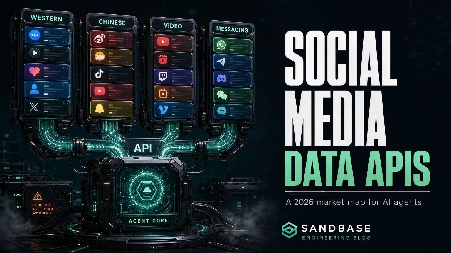 Dark cinematic render of many social platform data cards converging through one conduit into an agent core