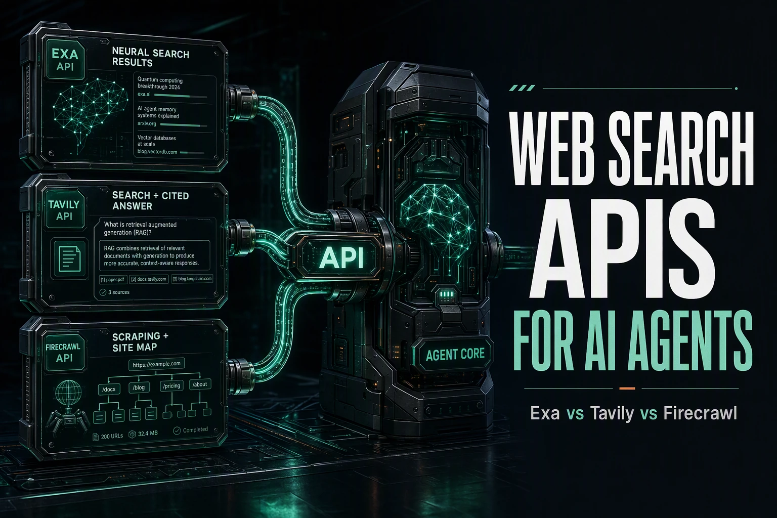Dark cinematic render of three web search and scraping APIs converging through one conduit into an agent core