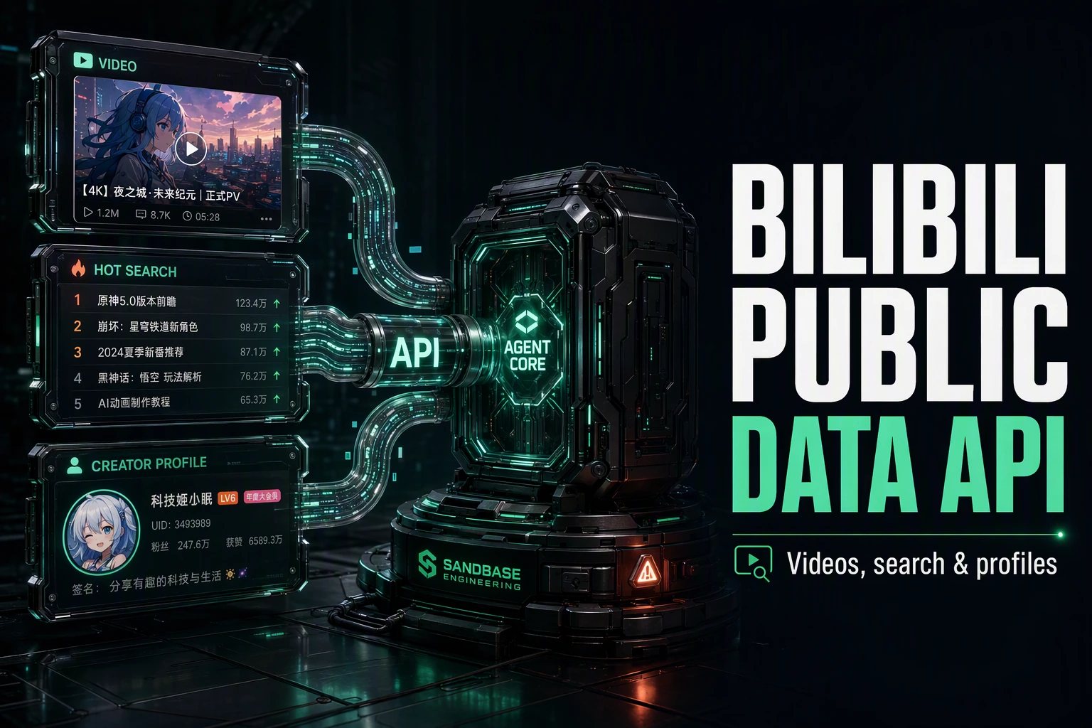 Dark cinematic render of Bilibili video, search, and profile data flowing through one API conduit into an agent core