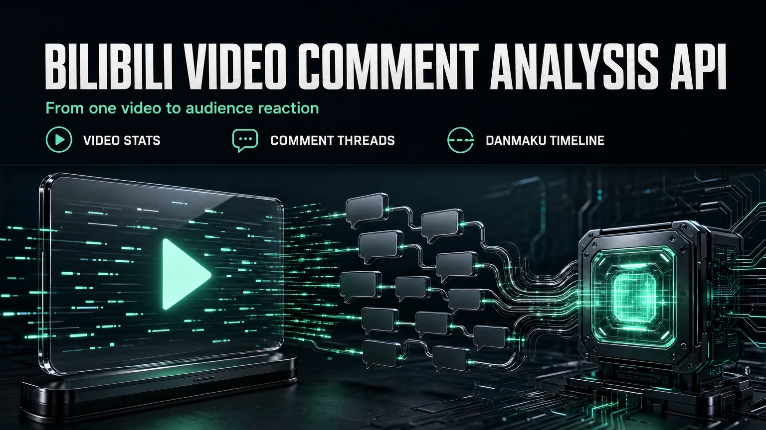 Dark cinematic render of a glass video screen streaming bullet-comment light dashes into branching comment bubbles that flow into an agent core