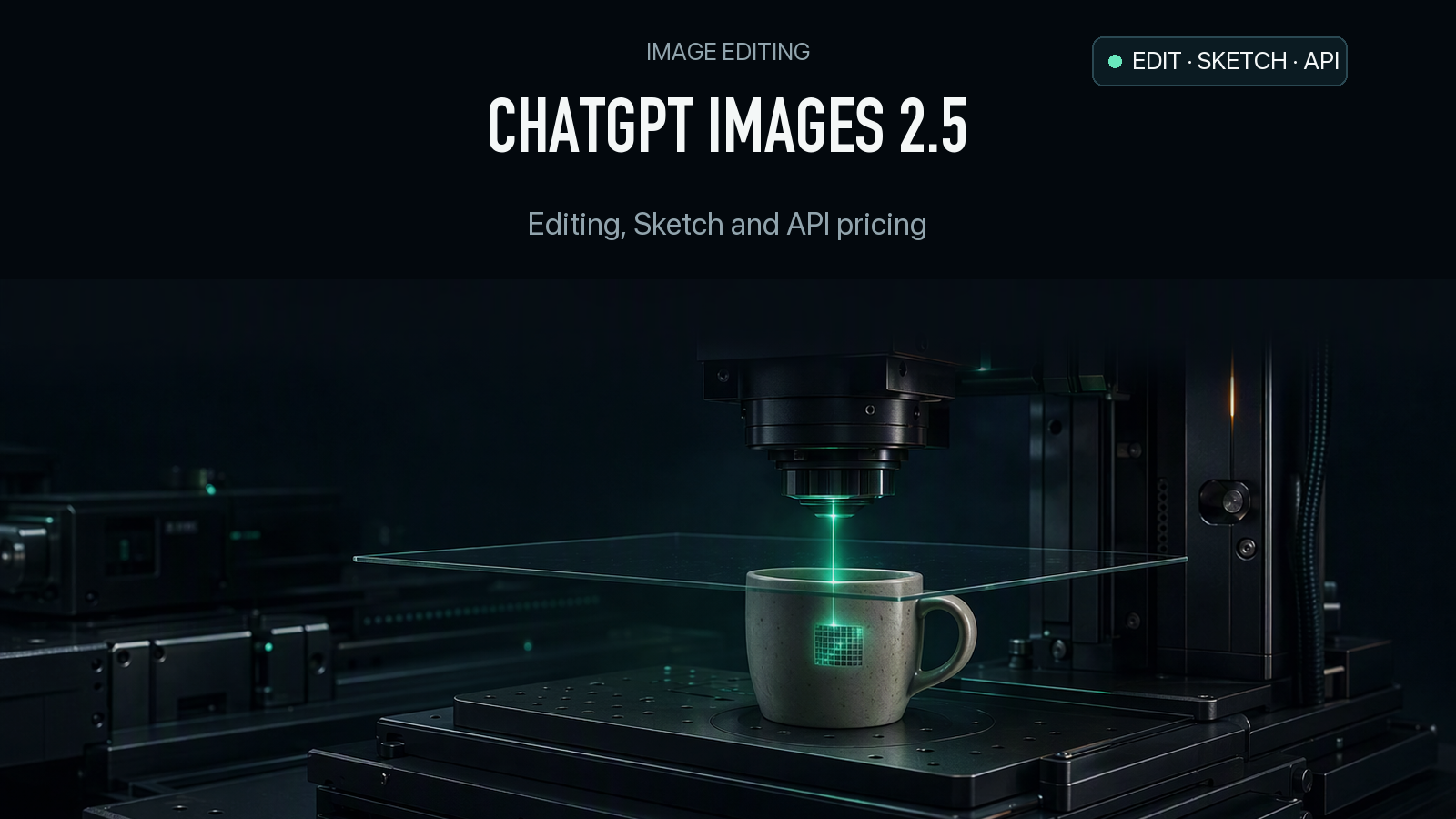 ChatGPT Images 2.5 — conceptual dark optical editing instrument highlighting a small region of a coffee cup; an editorial illustration, not an official demo.