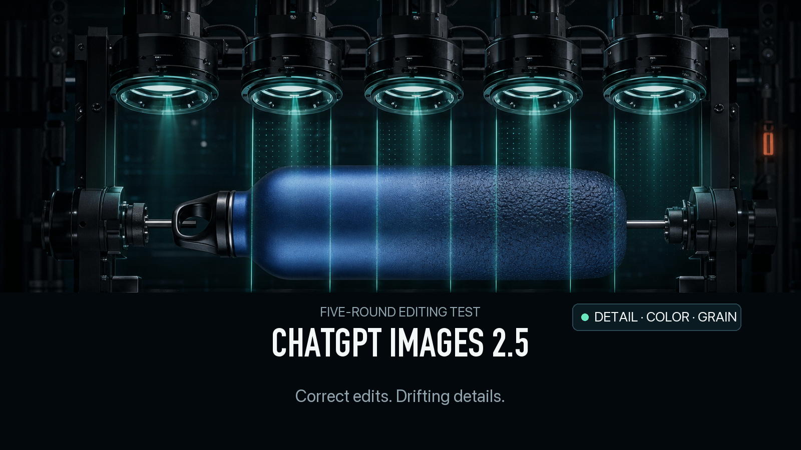 Conceptual illustration of a blue bottle under five inspection beams; not a test output