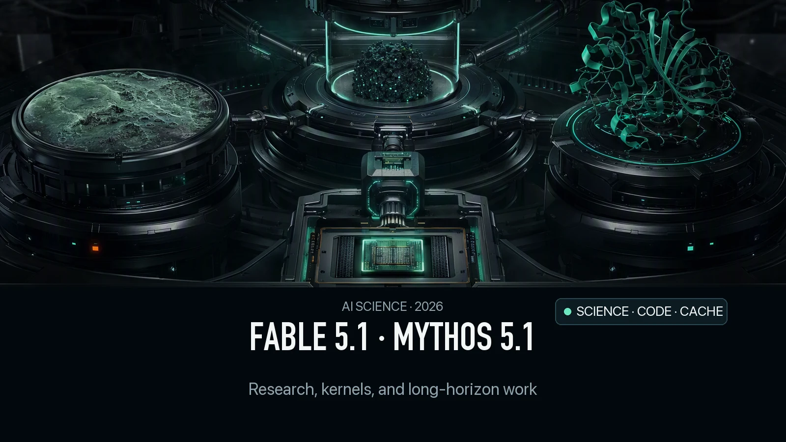 Dark technology cover for Fable 5.1 and Mythos 5.1 with Venus terrain, protein, and GPU research instruments