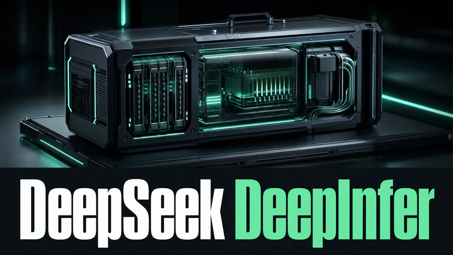 DeepSeek DeepInfer cover; editorial artwork of a GPU inference cluster, not a benchmark chart
