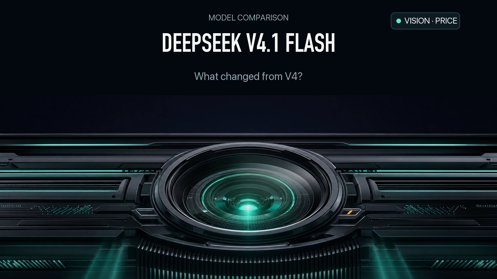 DeepSeek V4.1 Flash headline above a mint-lit optical computing lens