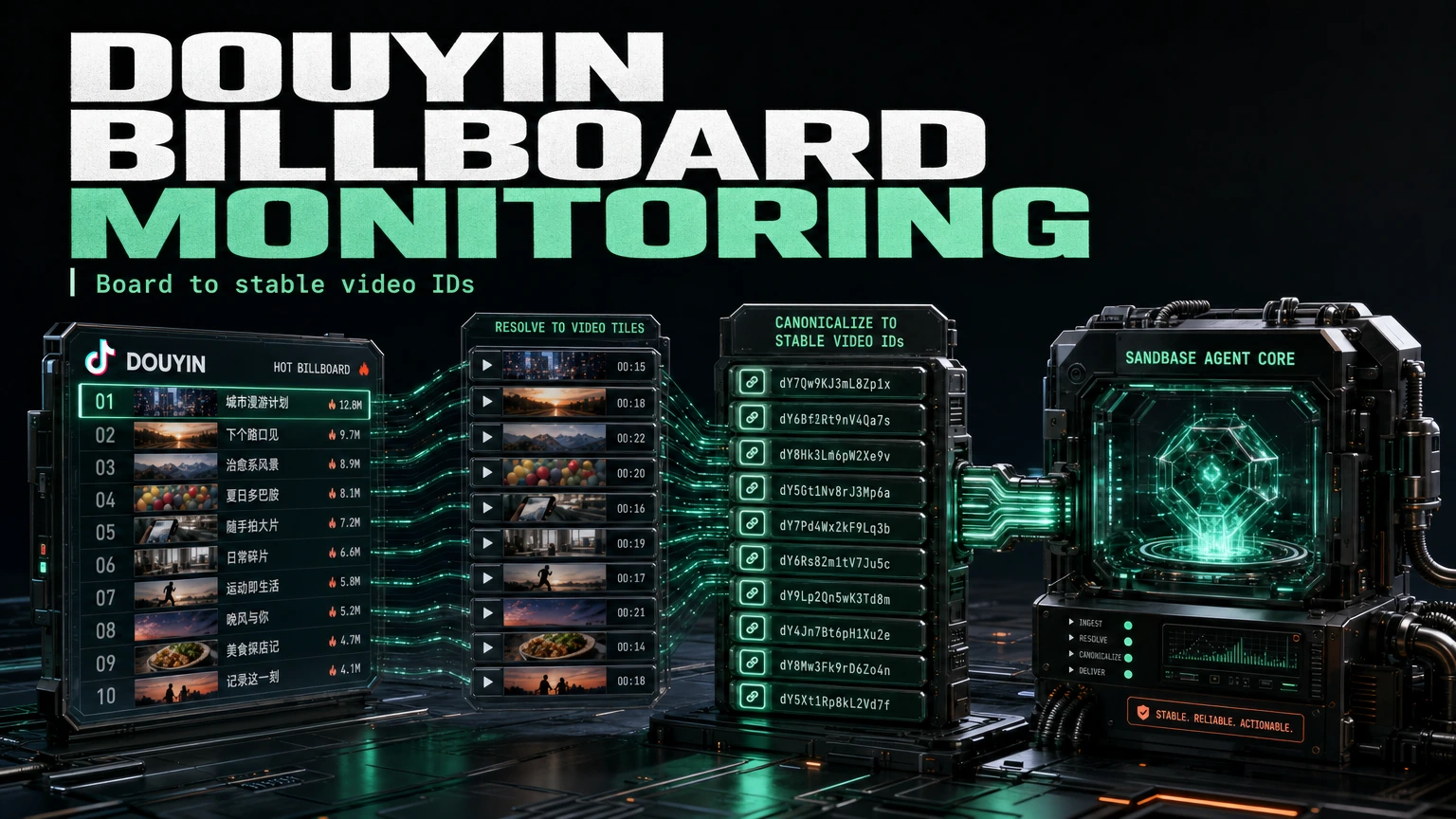 Dark cinematic render of a Douyin billboard resolving into stable video IDs feeding an agent core