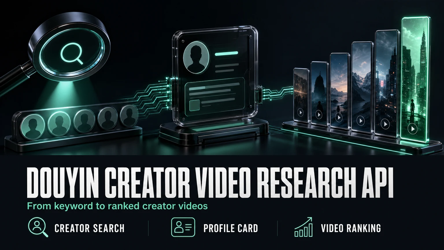 Dark cinematic render of a search lens over creator avatars feeding a profile card and a rising row of ranked video tiles