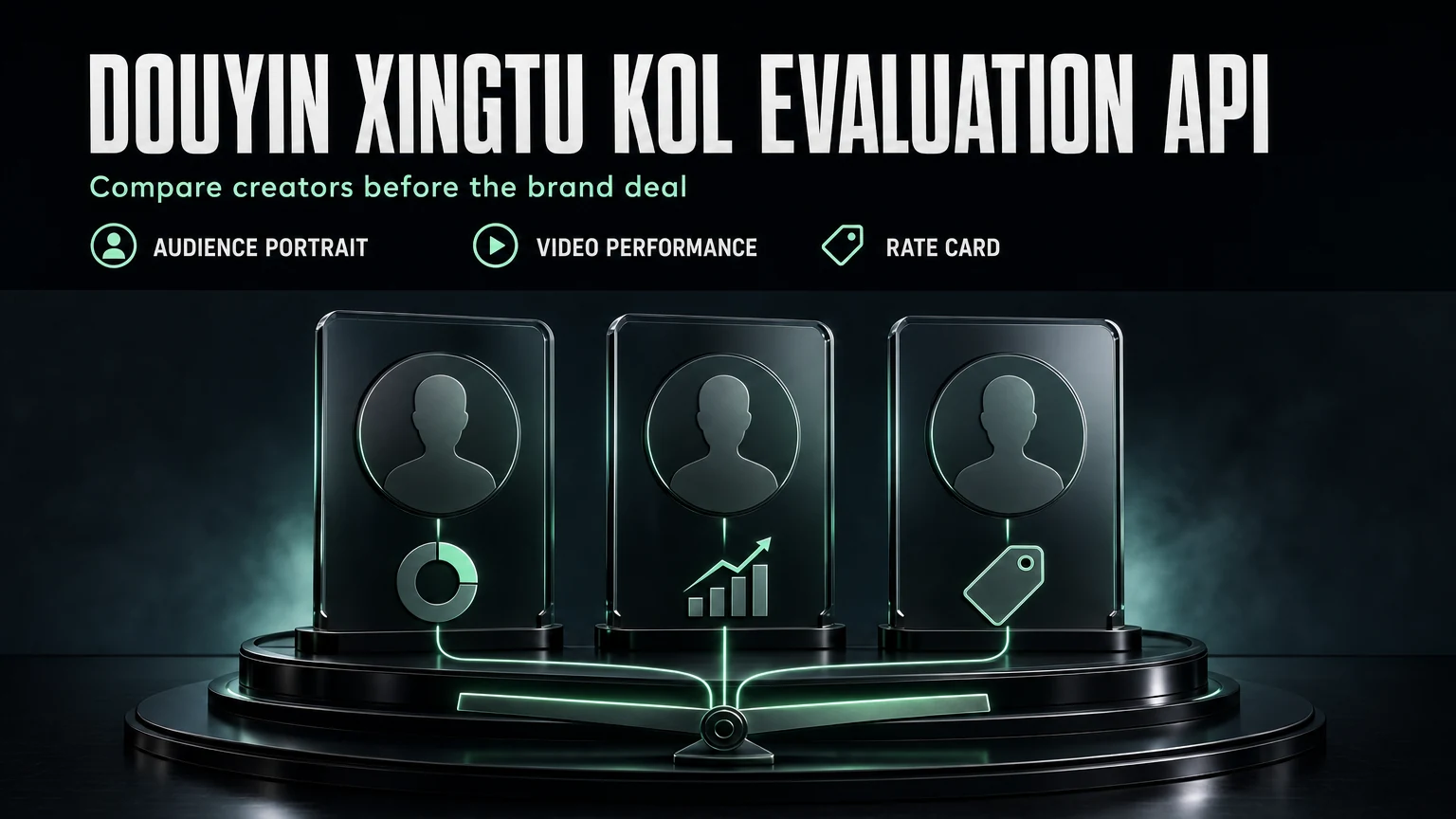 Dark cinematic render of three glass creator profile cards linked to an audience chart, a rising bar chart, and a price tag, converging on a comparison scale