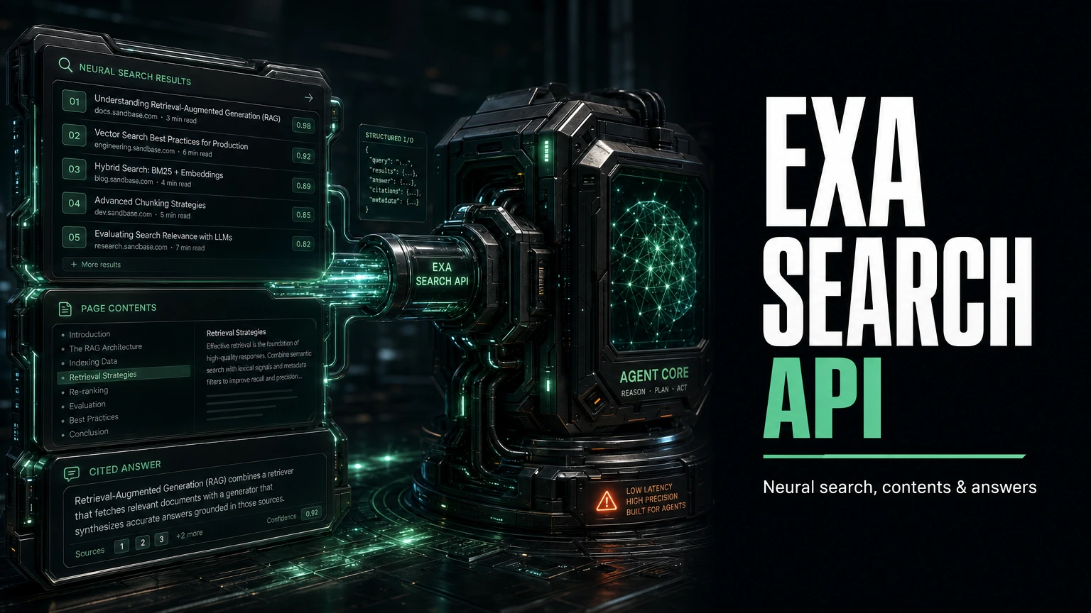 Dark cinematic render of Exa neural search results, page contents, and a cited answer flowing through one API conduit into an agent core