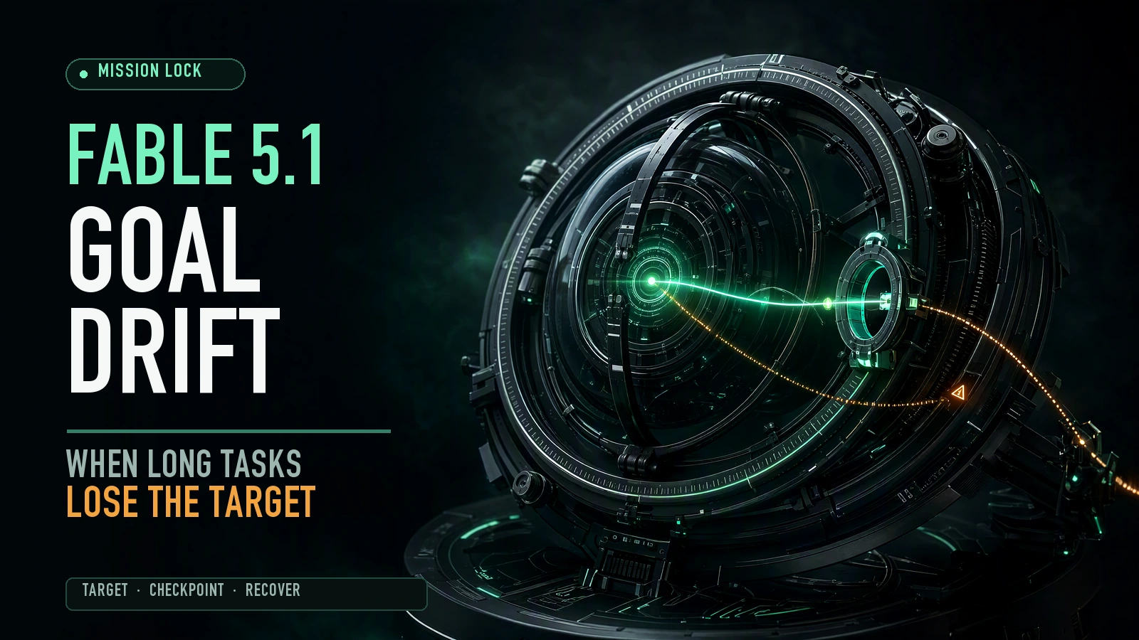 Fable 5.1 goal-drift cover with a navigation core correcting a long task back toward its target
