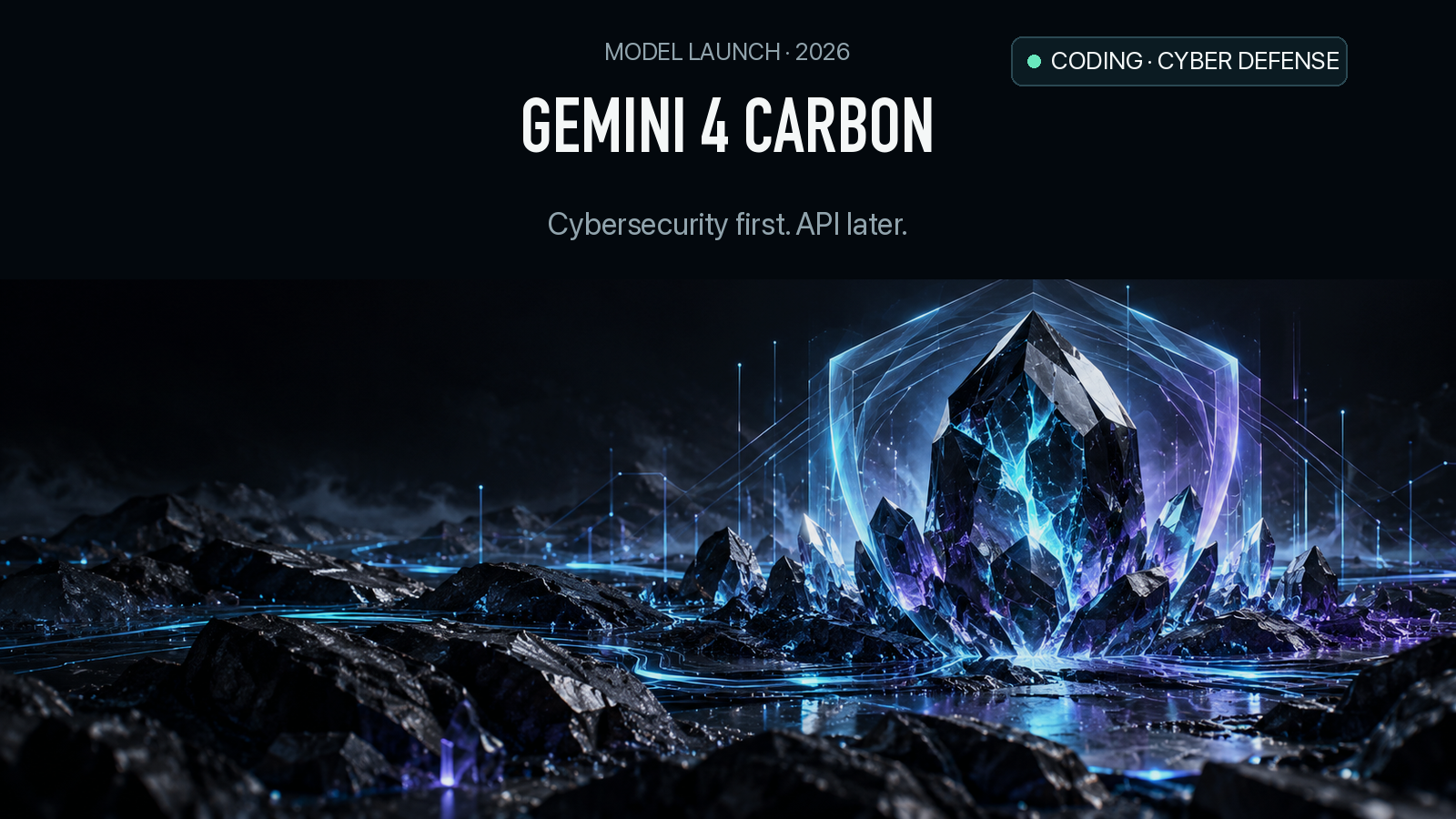 Gemini 4 Carbon cybersecurity and long-horizon coding article cover with a crystalline carbon core inside a defensive energy shield
