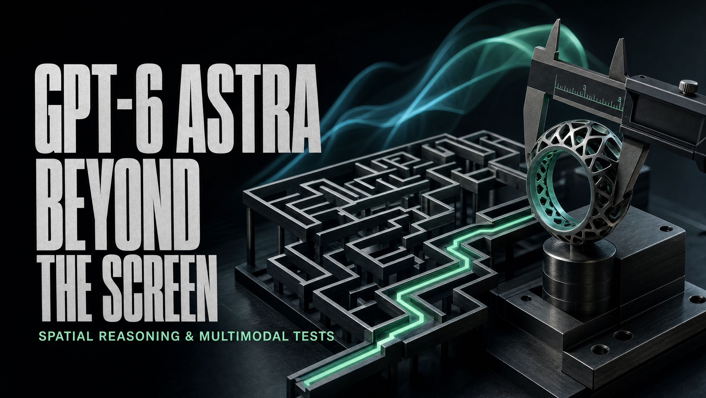 GPT-6 Astra Beyond the Screen: a dark maze, machined part and caliper, generated through the SandBase API.