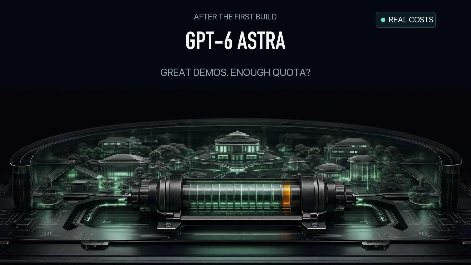 GPT-6 Astra above a dark miniature world powered by a finite energy cartridge