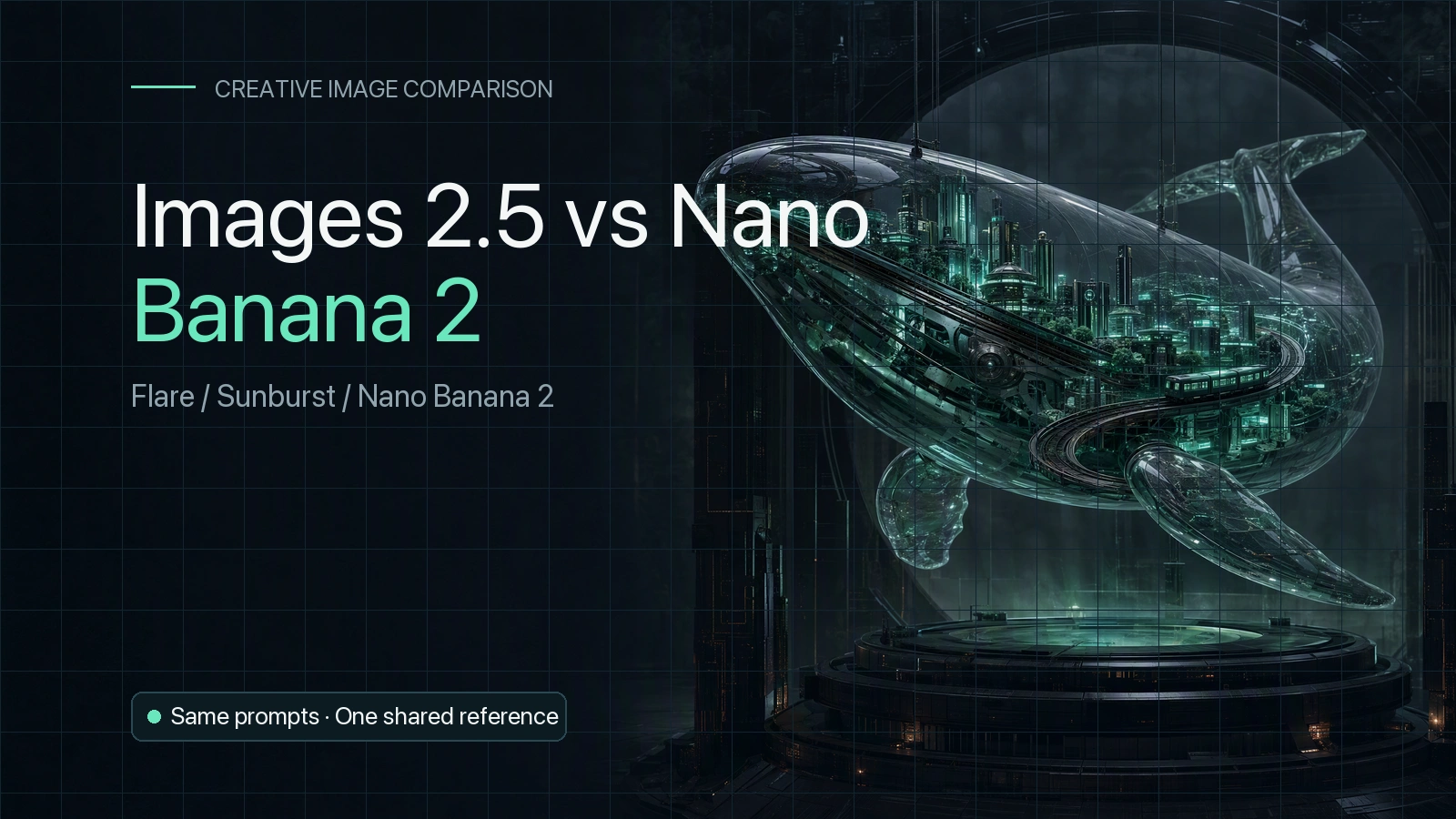 Images 2.5 vs Nano Banana 2 cover with a glass whale city; editorial artwork, not a test result