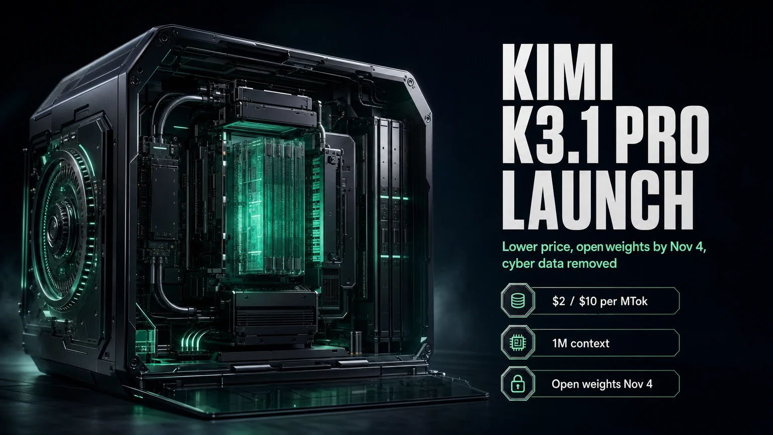 Dark cutaway server cabinet with green-lit modules, headline KIMI K3.1 PRO LAUNCH, subtitle about lower price, Nov 4 open weights and removed cyber data, labels $2 / $10 per MTok, 1M context, Open weights Nov 4