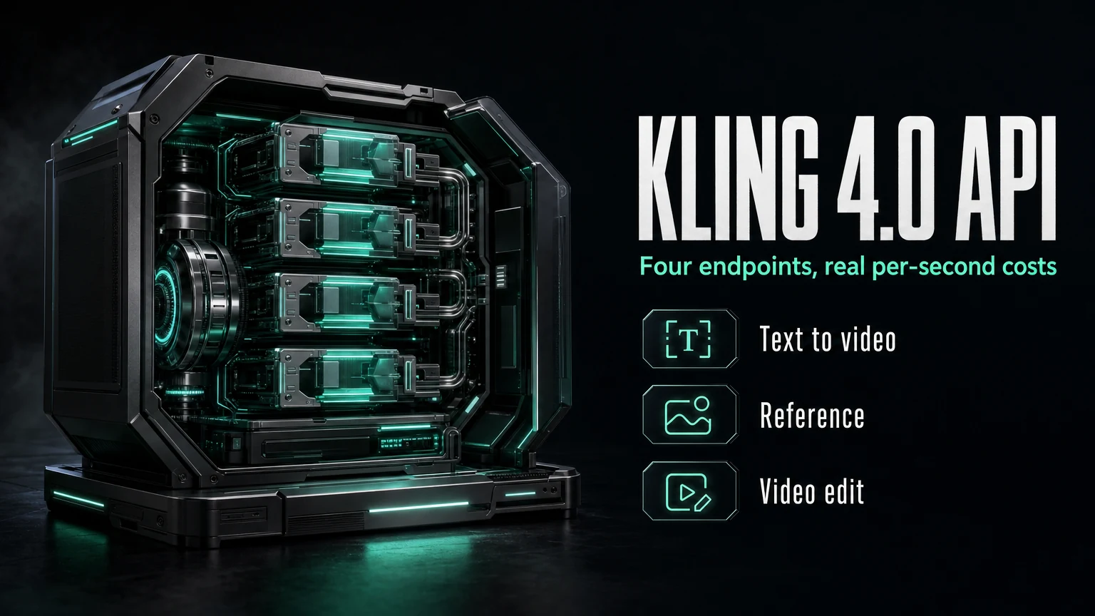Kling 4.0 API 封面:深色金属机箱内四个发光模块,标题 KLING 4.0 API,标签为文生视频、参考生视频和视频编辑