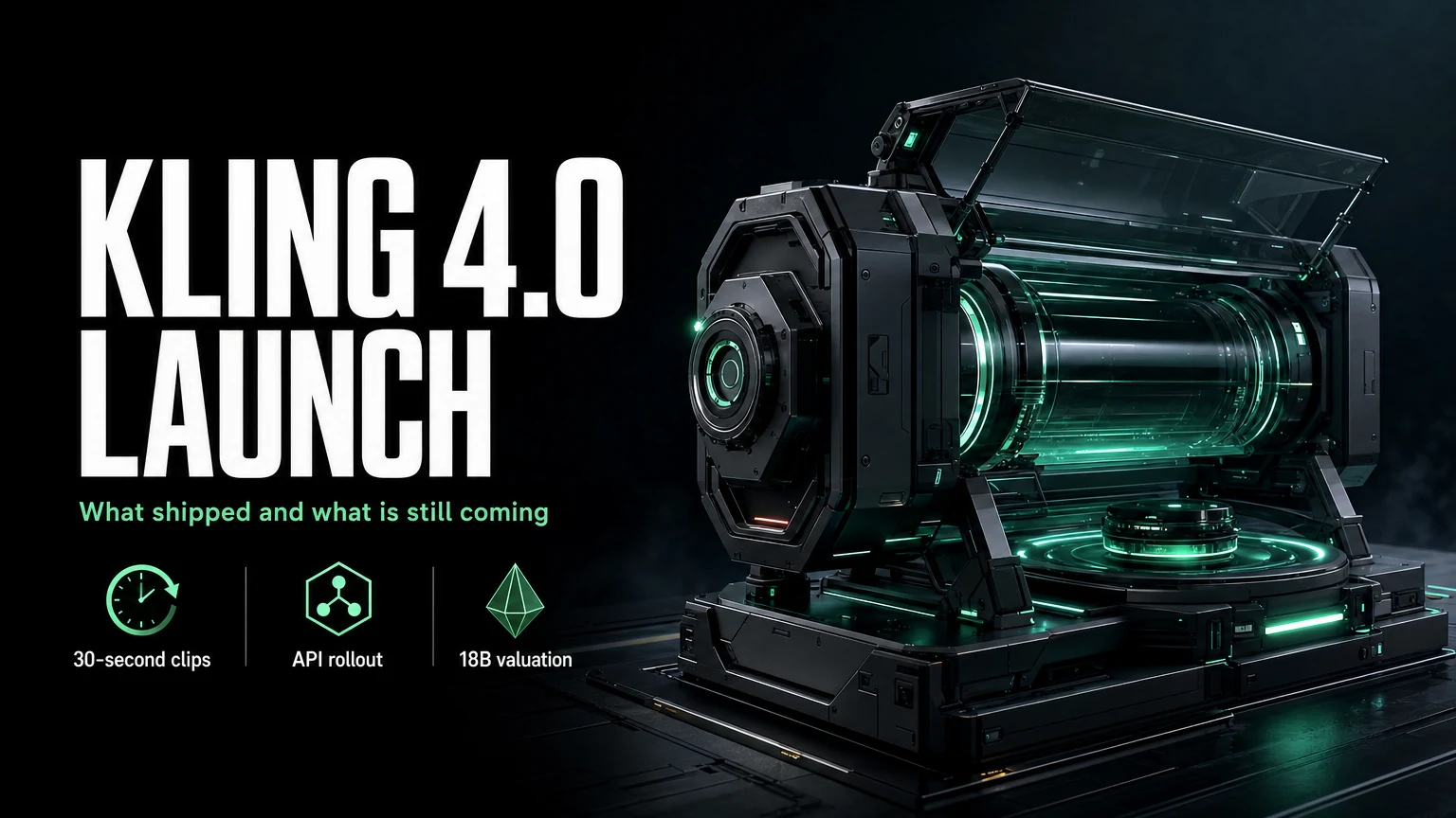 Kling 4.0 发布封面：绿色灯光下打开的深色摄影机式舱体，标题 KLING 4.0 LAUNCH，标签为 30 秒视频、API 上线和 180 亿美元估值
