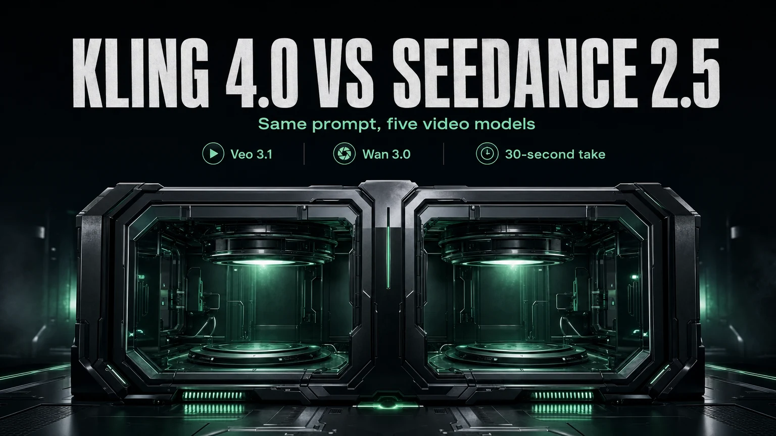 Kling 4.0 vs Seedance 2.5 封面：两个并排的同款发光测试舱，标签为 Veo 3.1、Wan 3.0 和 30 秒长镜头
