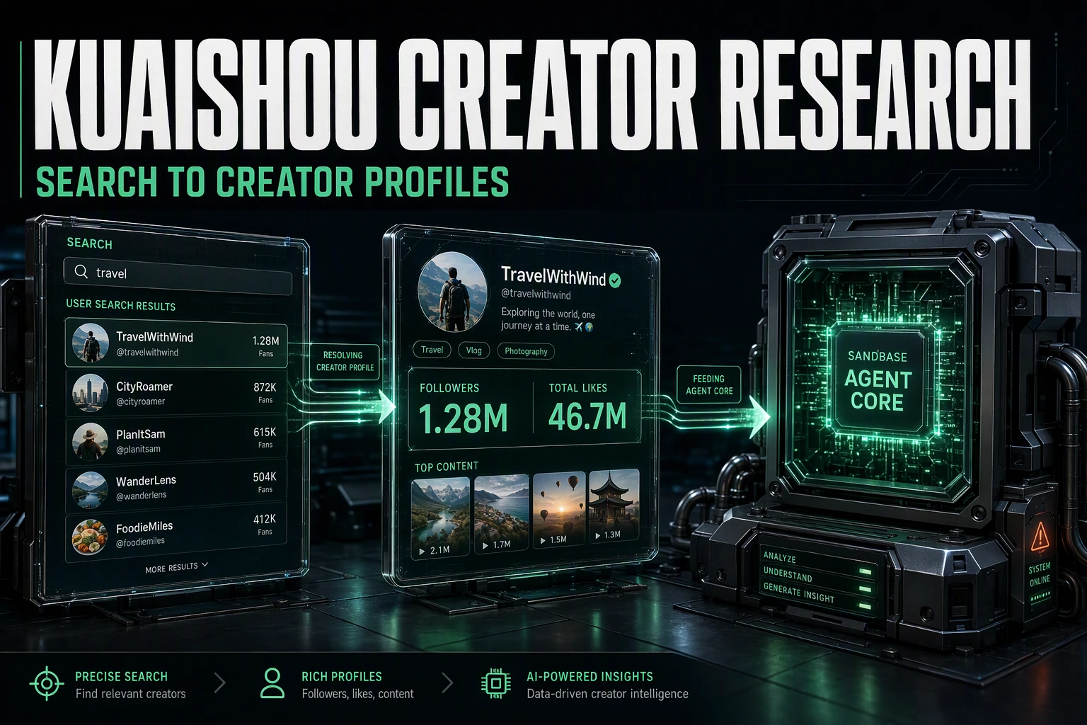 Dark cinematic render of a Kuaishou user search resolving into a creator profile card, feeding an agent core