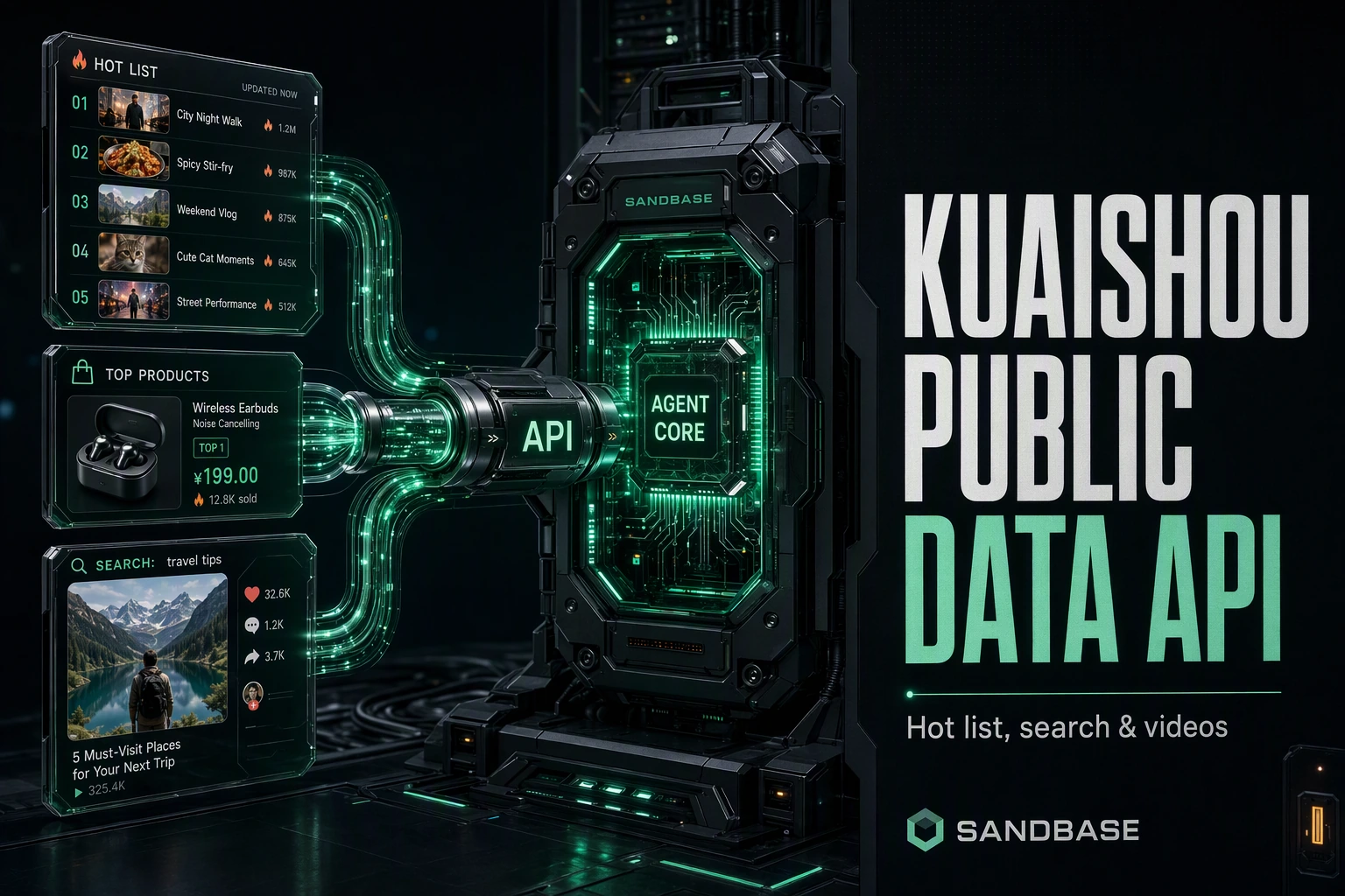 Dark cinematic render of Kuaishou hot-list, search, and video data flowing through one API conduit into an agent core