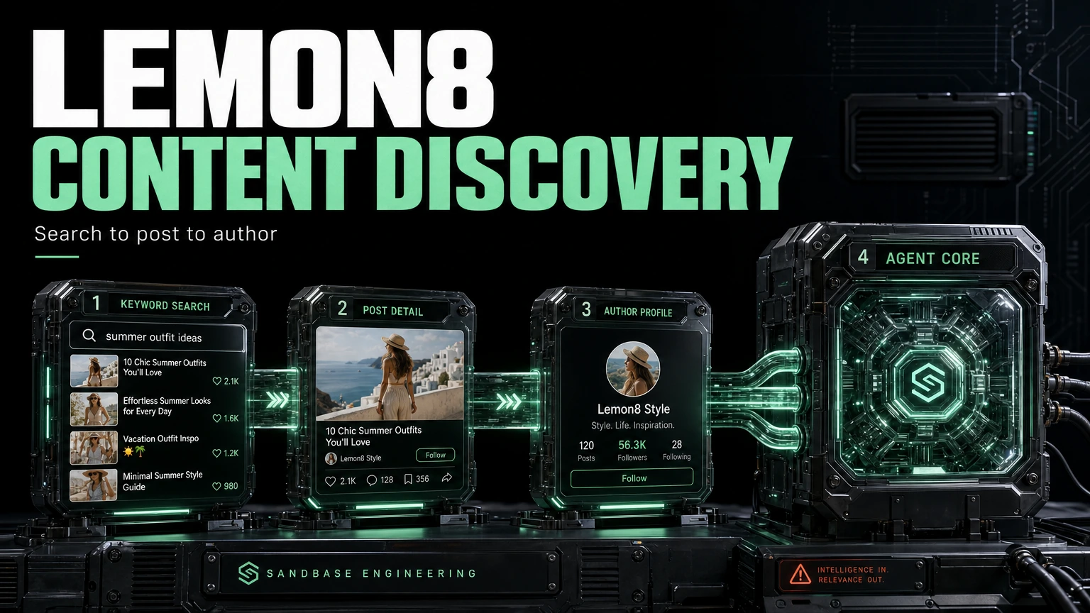 Dark cinematic render of a Lemon8 keyword search resolving into a post card and an author profile, feeding an agent core
