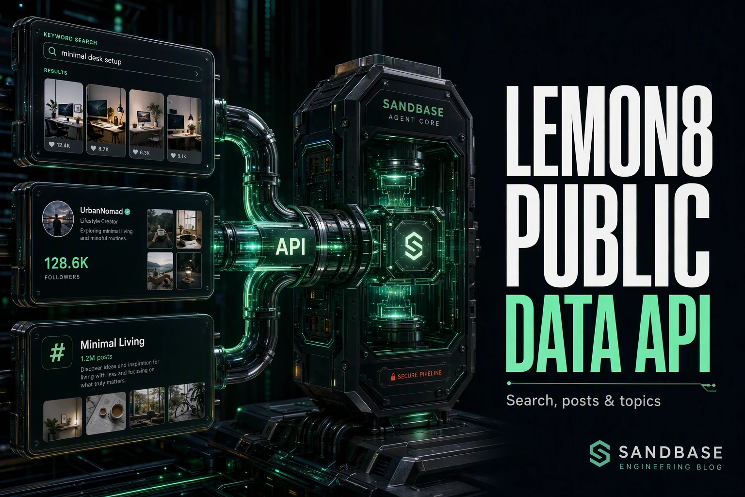 Dark cinematic render of Lemon8 search, post, and user data flowing through one API conduit into an agent core