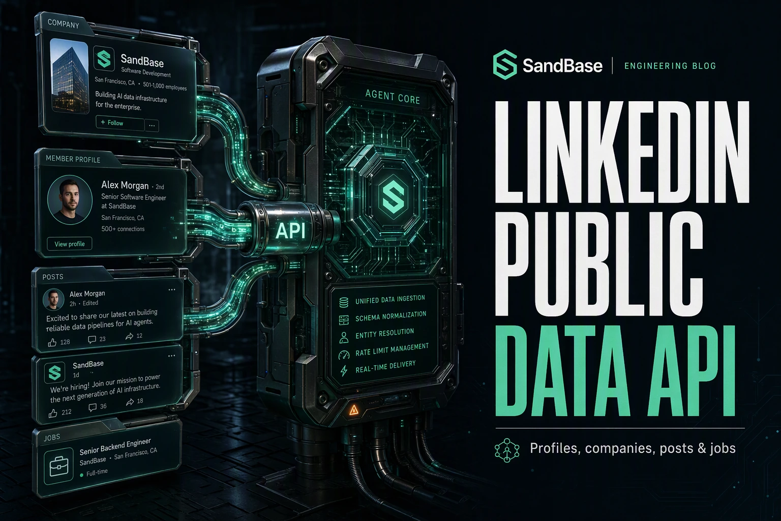 Dark cinematic render of LinkedIn profile and company data flowing through one API conduit into an agent core