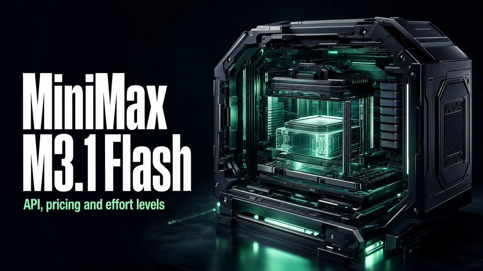 MiniMax M3.1 Flash headline beside a green-lit compute chamber