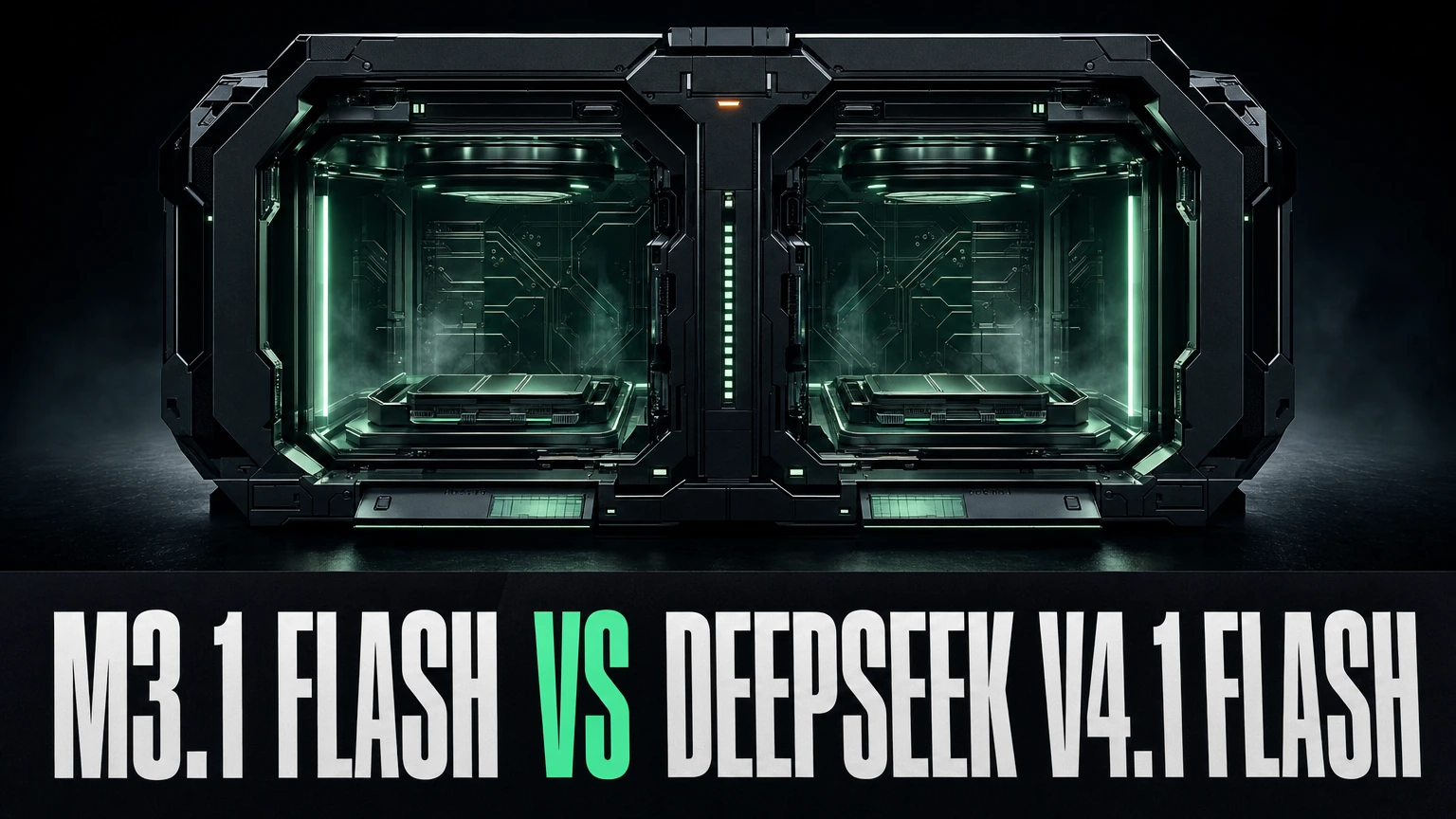 M3.1 Flash vs DeepSeek V4.1 Flash headline below two green-lit server chambers