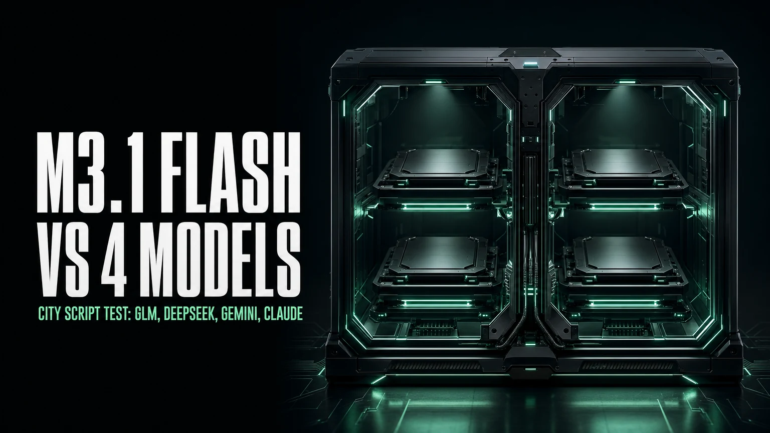 M3.1 Flash vs 4 Models 标题，旁边是亮着绿光的暗色计算机柜