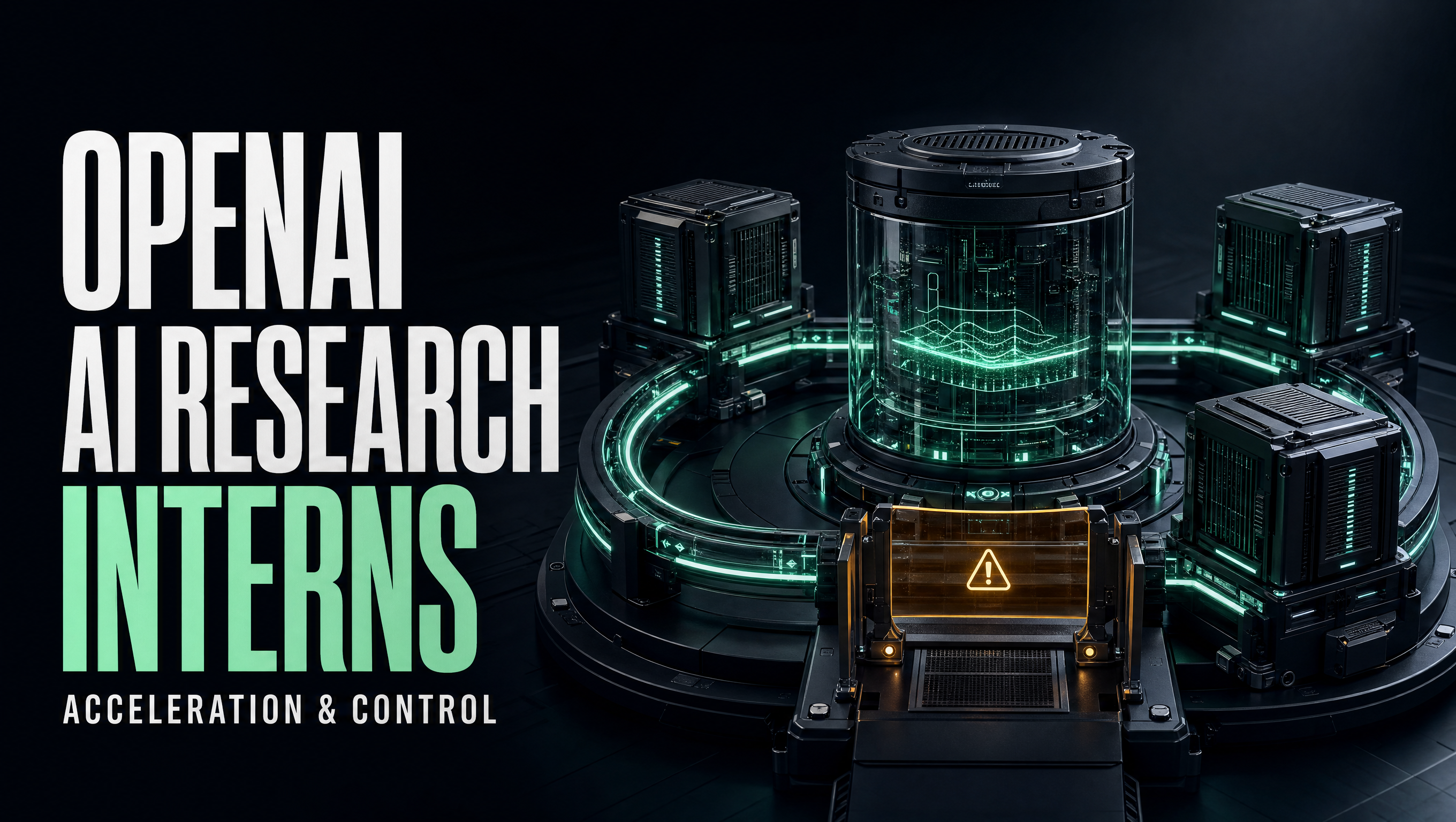 OpenAI AI Research Interns: a dark research-compute apparatus with mint experiment rails, conceptual artwork generated through SandBase API.
