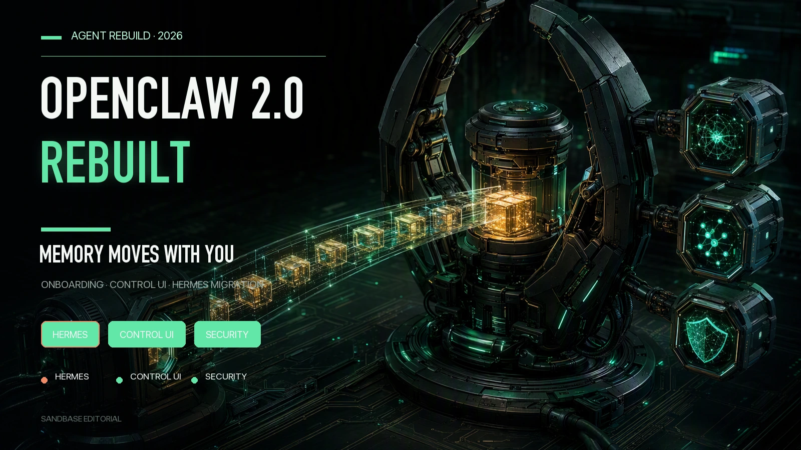 OpenClaw 2.0 rebuild map covering onboarding, Control UI, memory migration, and security