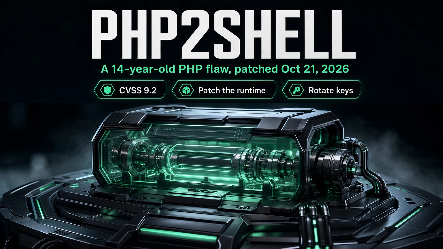 标题 PHP2SHELL，下方是绿色发光的密封引擎舱，副标题 A 14-year-old PHP flaw, patched Oct 21, 2026，标签为 CVSS 9.2、Patch the runtime、Rotate keys