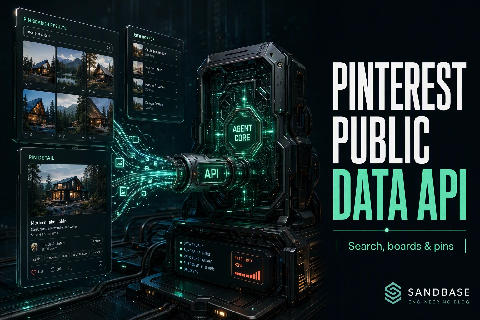 Dark cinematic render of Pinterest search pins, boards, and a pin card flowing through one API conduit into an agent core