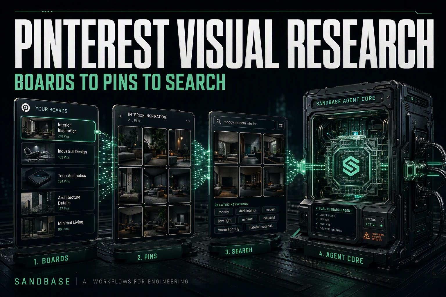 Dark cinematic render of Pinterest boards resolving into a board's pins and a search grid, feeding an agent core