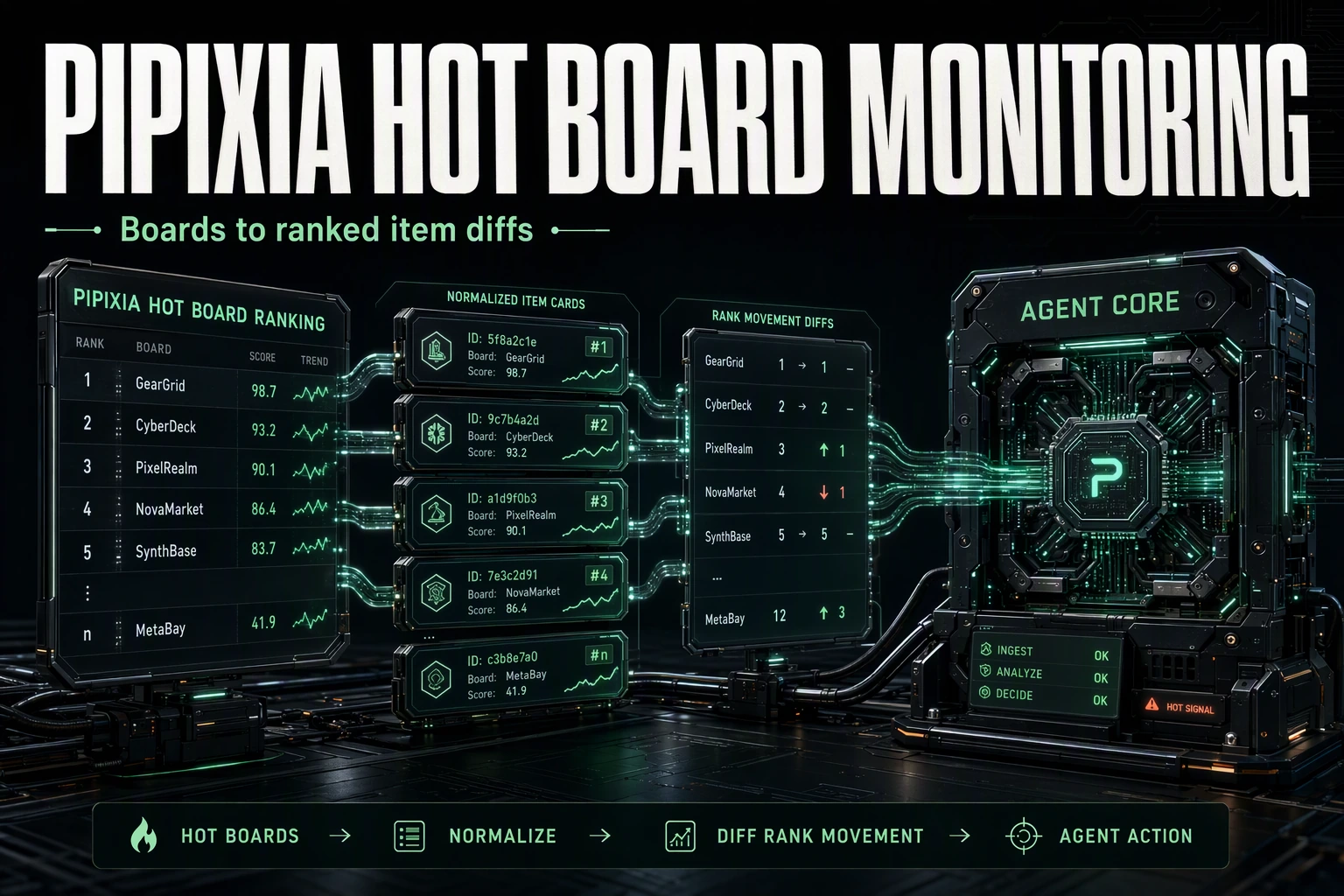 Dark cinematic render of Pipixia hot boards resolving into ranked item cards feeding an agent core