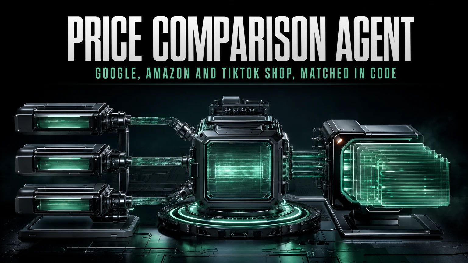 Cover for a price comparison agent tutorial that matches the same product across Google, Amazon and TikTok Shop