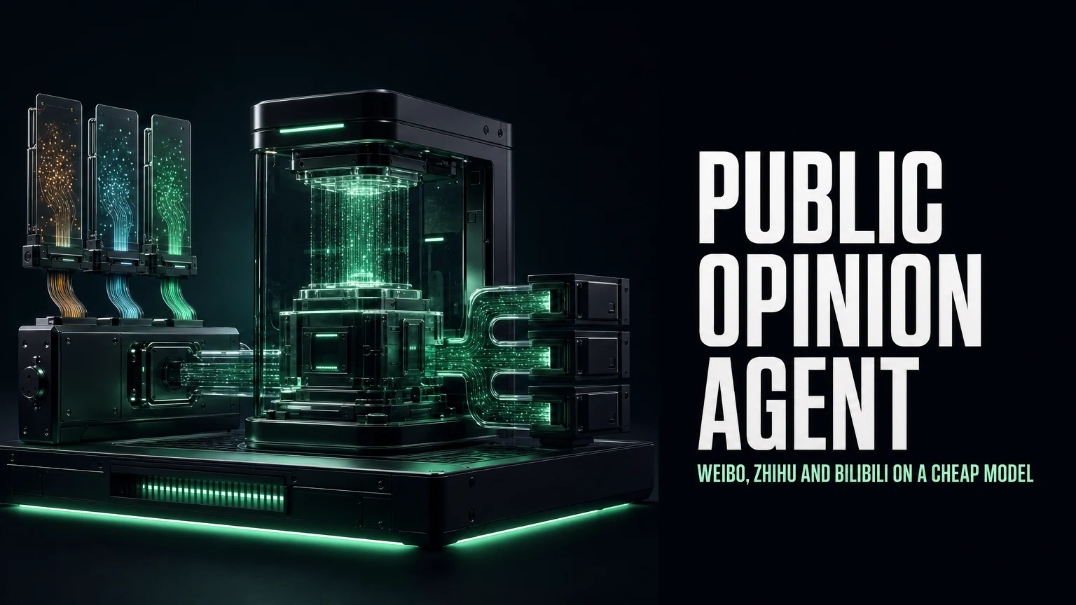 Cover for a public opinion agent tutorial covering Weibo, Zhihu and Bilibili with a cheap LLM