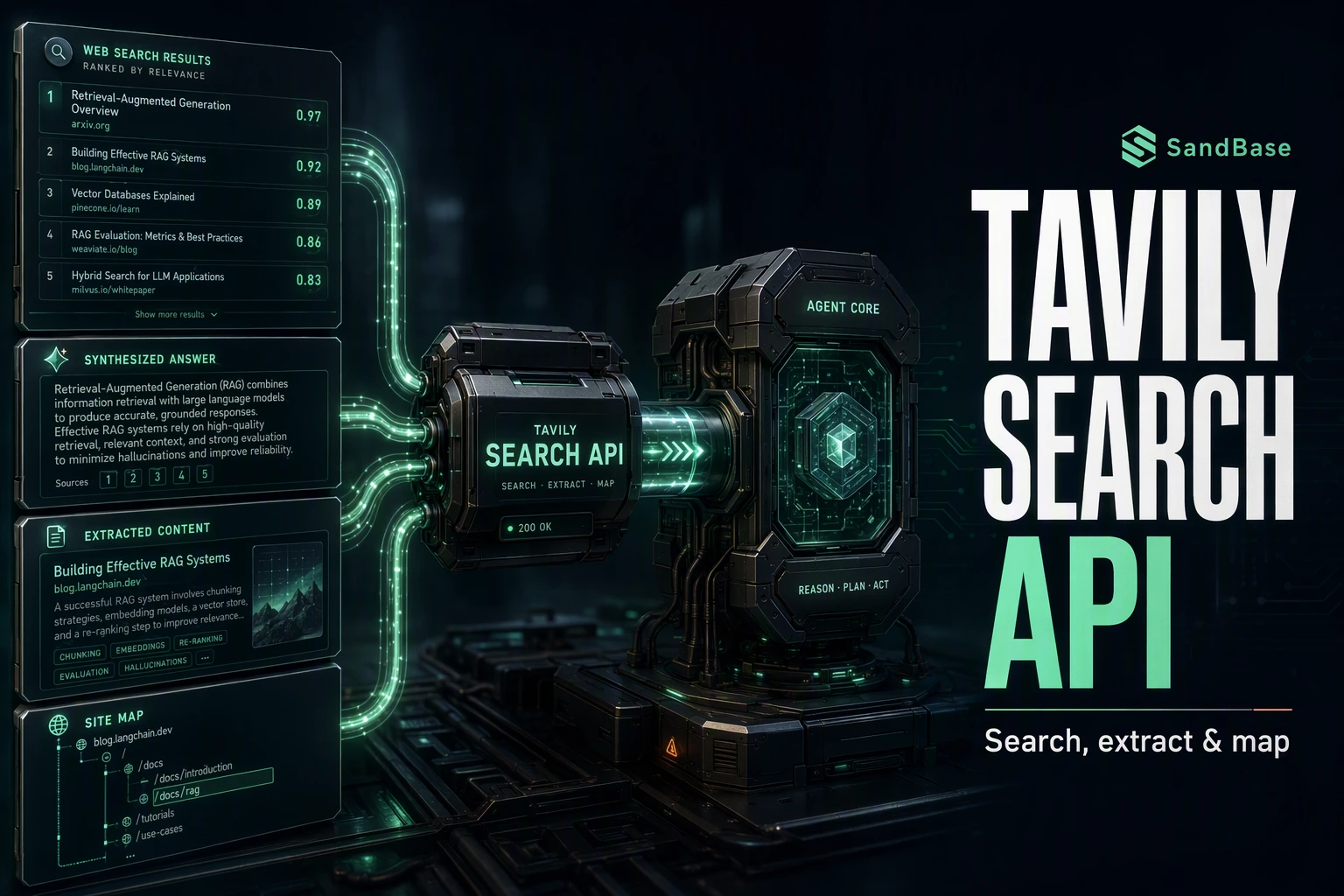 Dark cinematic render of Tavily search results, extracted page content, and a site map flowing through one API conduit into an agent core