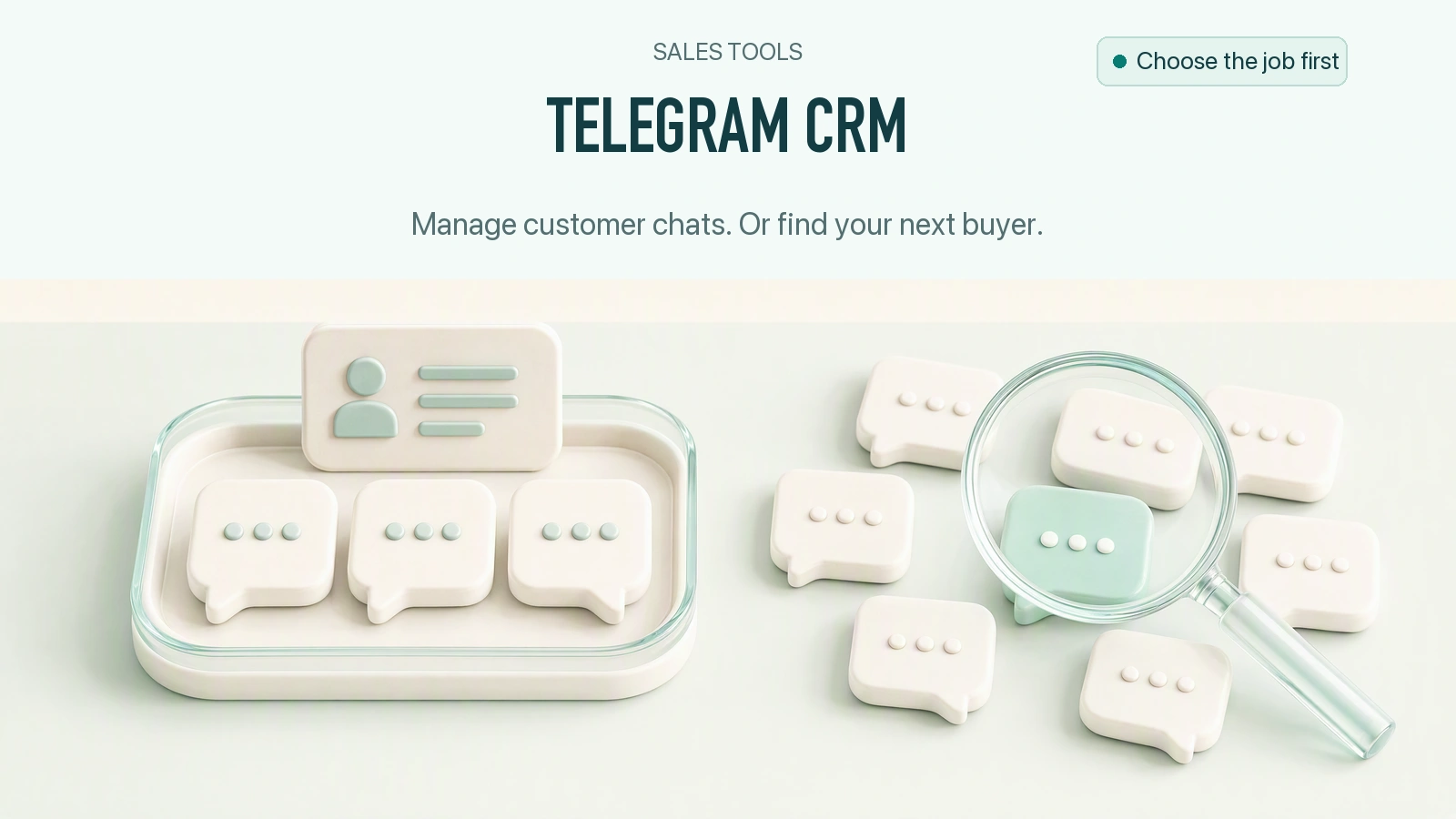 Telegram CRM: organized customer chats beside a lens selecting a potential buyer discussion
