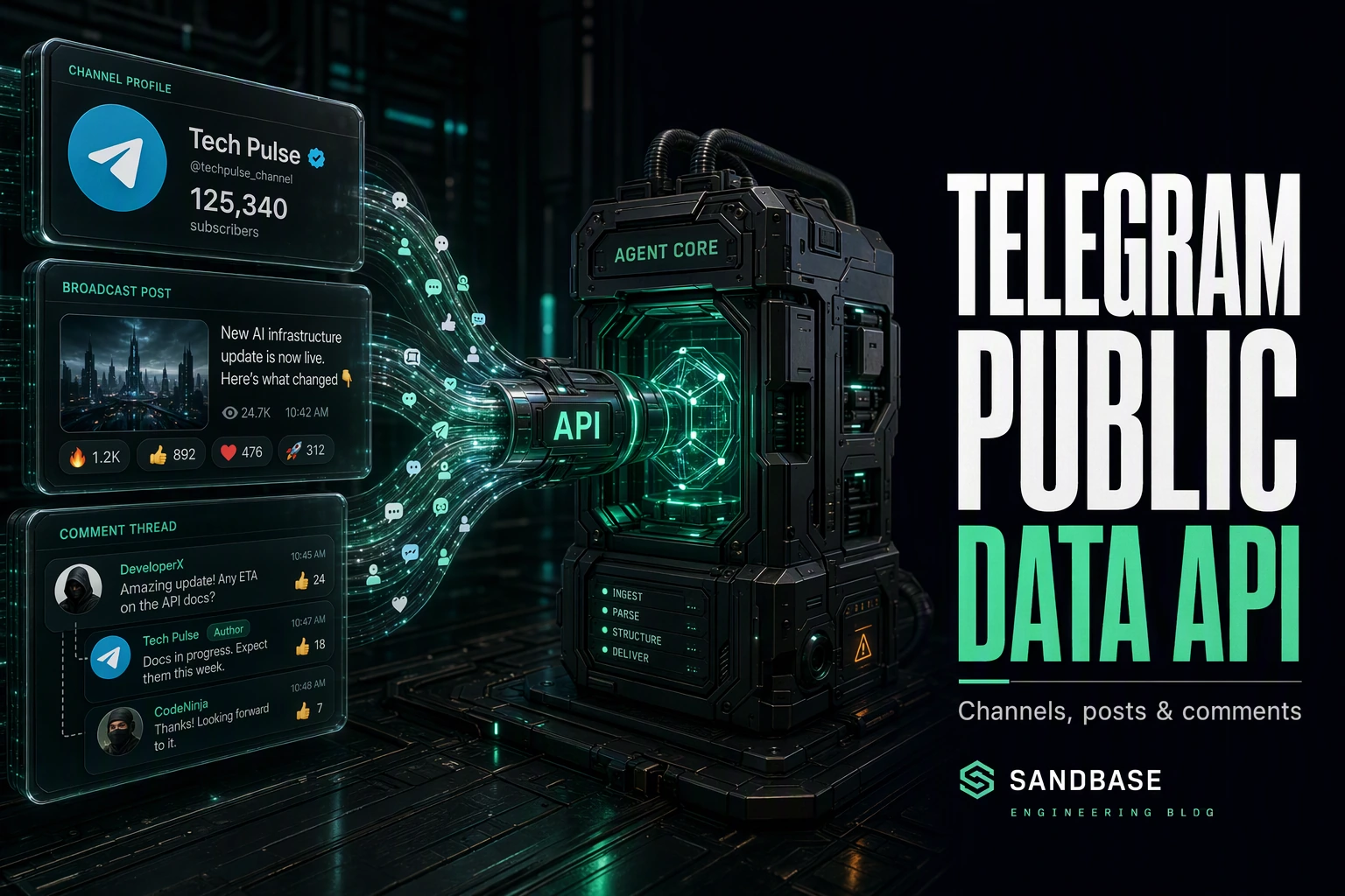 Dark cinematic render of Telegram channel, post, and comment data flowing through one API conduit into an agent core