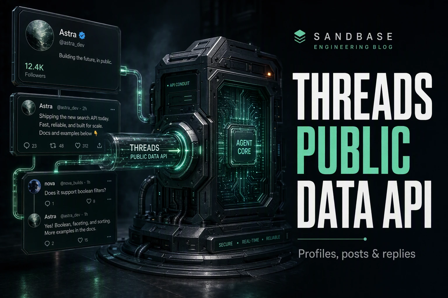 Dark cinematic render of Threads profile, post, and reply data flowing through one API conduit into an agent core