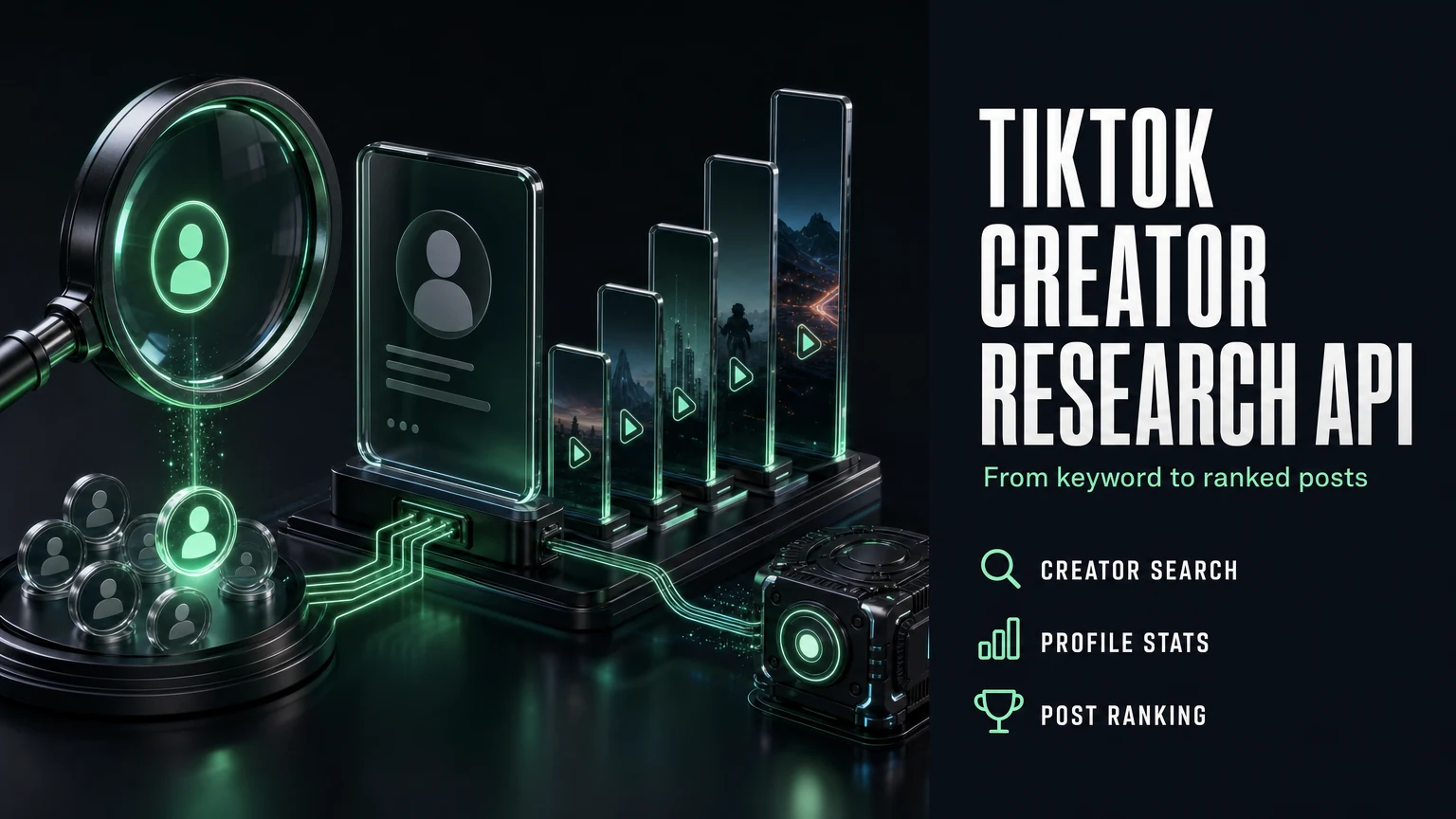 Dark cinematic render of a magnifying lens over avatar tokens feeding a glass profile card and a rising row of ranked video tiles