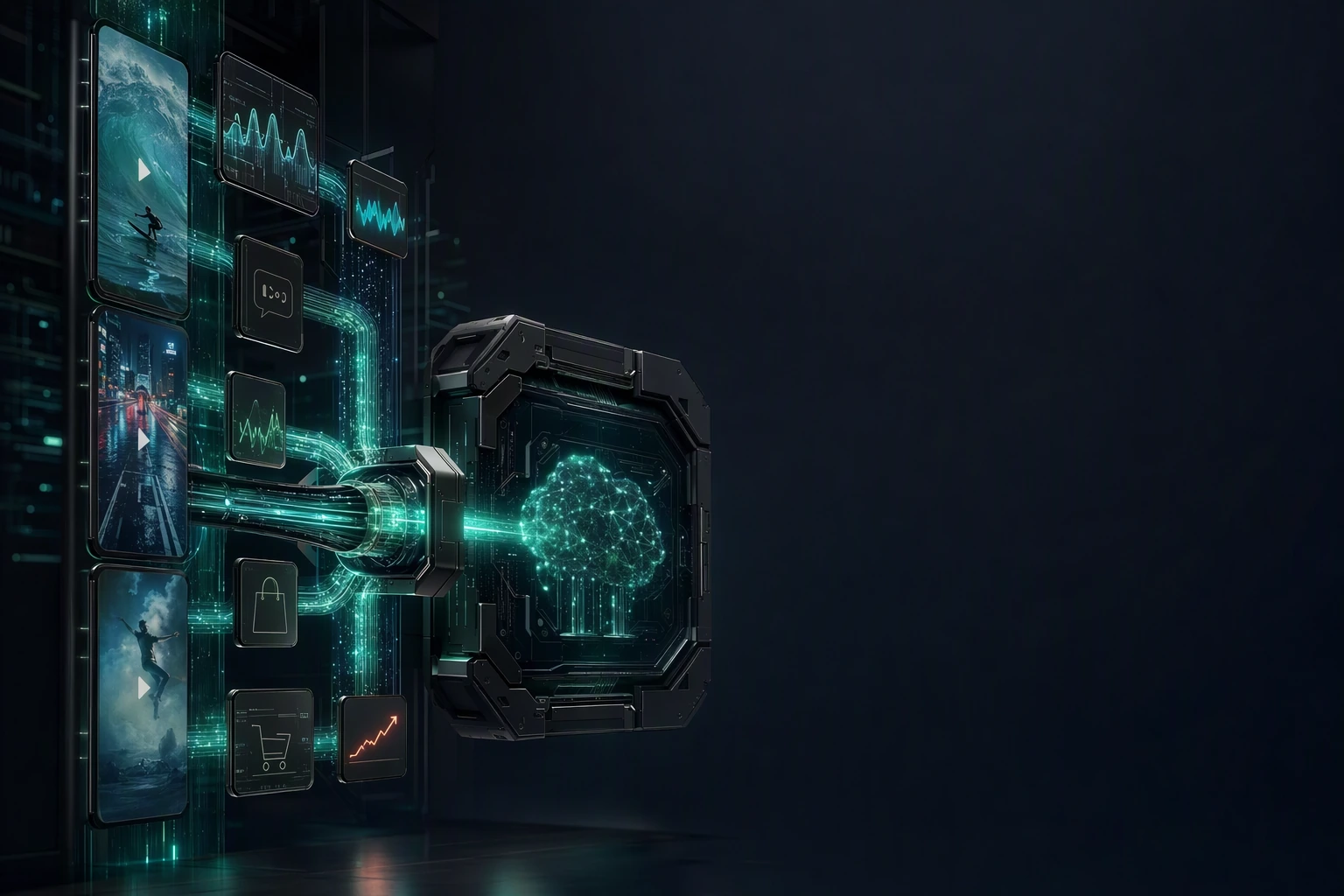 Dark cinematic render of TikTok public data — profiles, videos, ads, and shop signals — flowing through one API conduit into an agent core