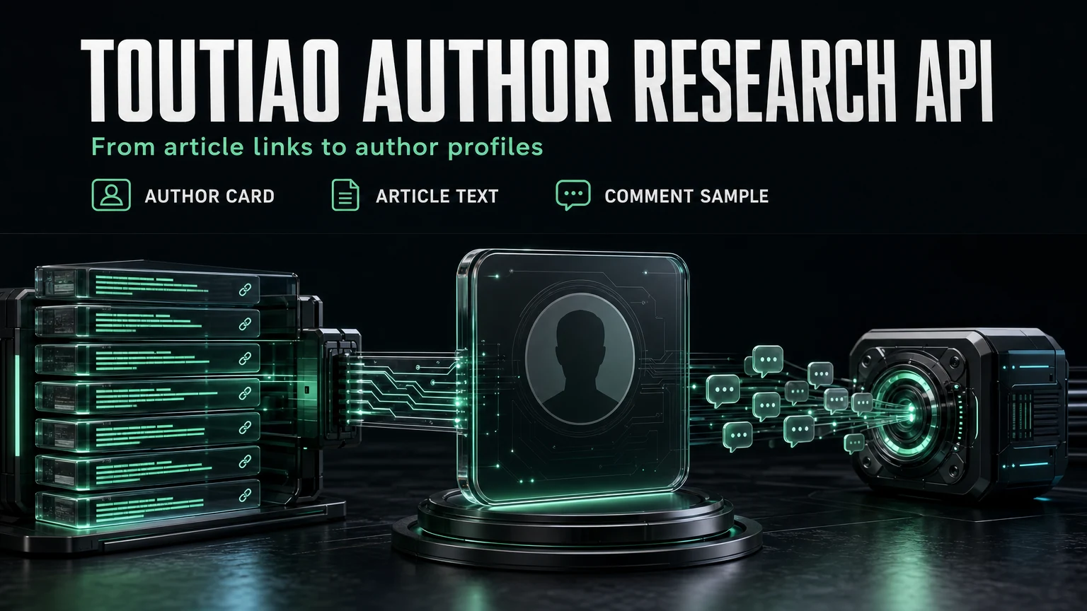 Dark cinematic render of Toutiao article cards resolving into author profile cards and a comment stream, feeding an agent core