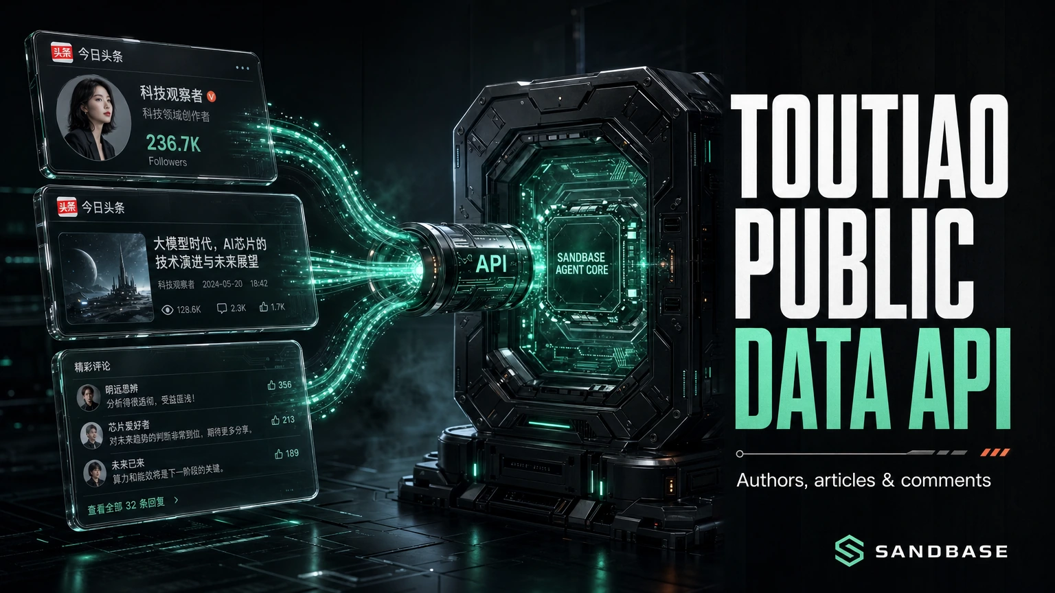 Dark cinematic render of Toutiao author, article, and comment data flowing through one API conduit into an agent core