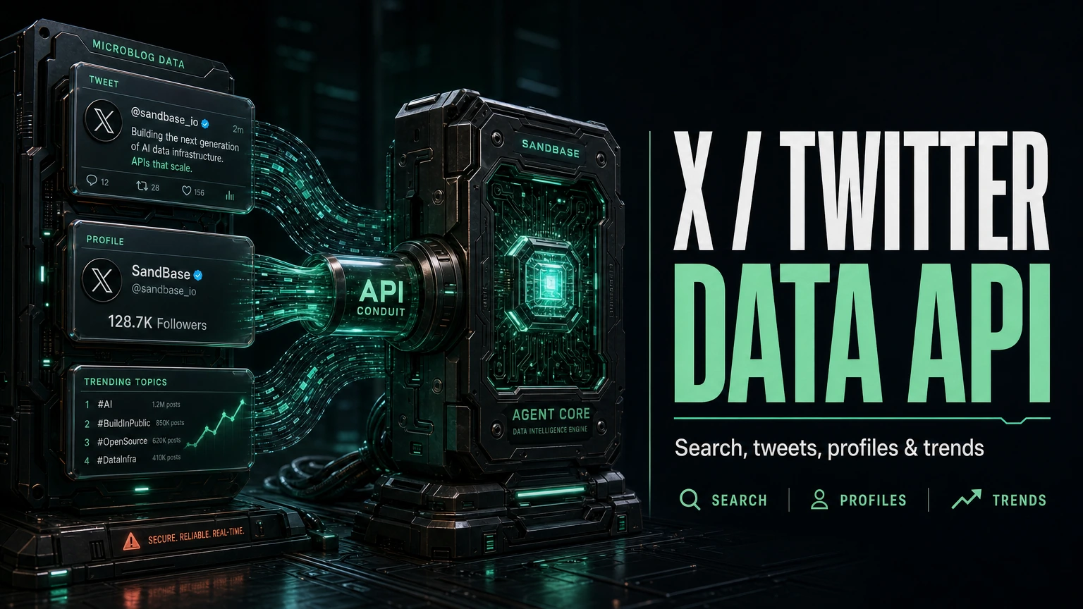 Dark cinematic render of X/Twitter tweet, profile, and trend data flowing through one API conduit into an agent core